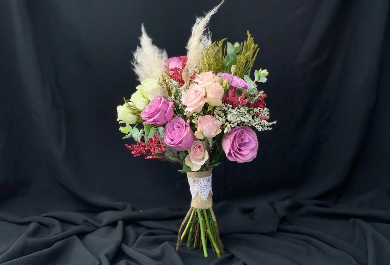 Editorial close up still life of seasonal stems, delicate buttercup ranunculus, botanical white parrot tulips and olive branches in warm morning shadow.