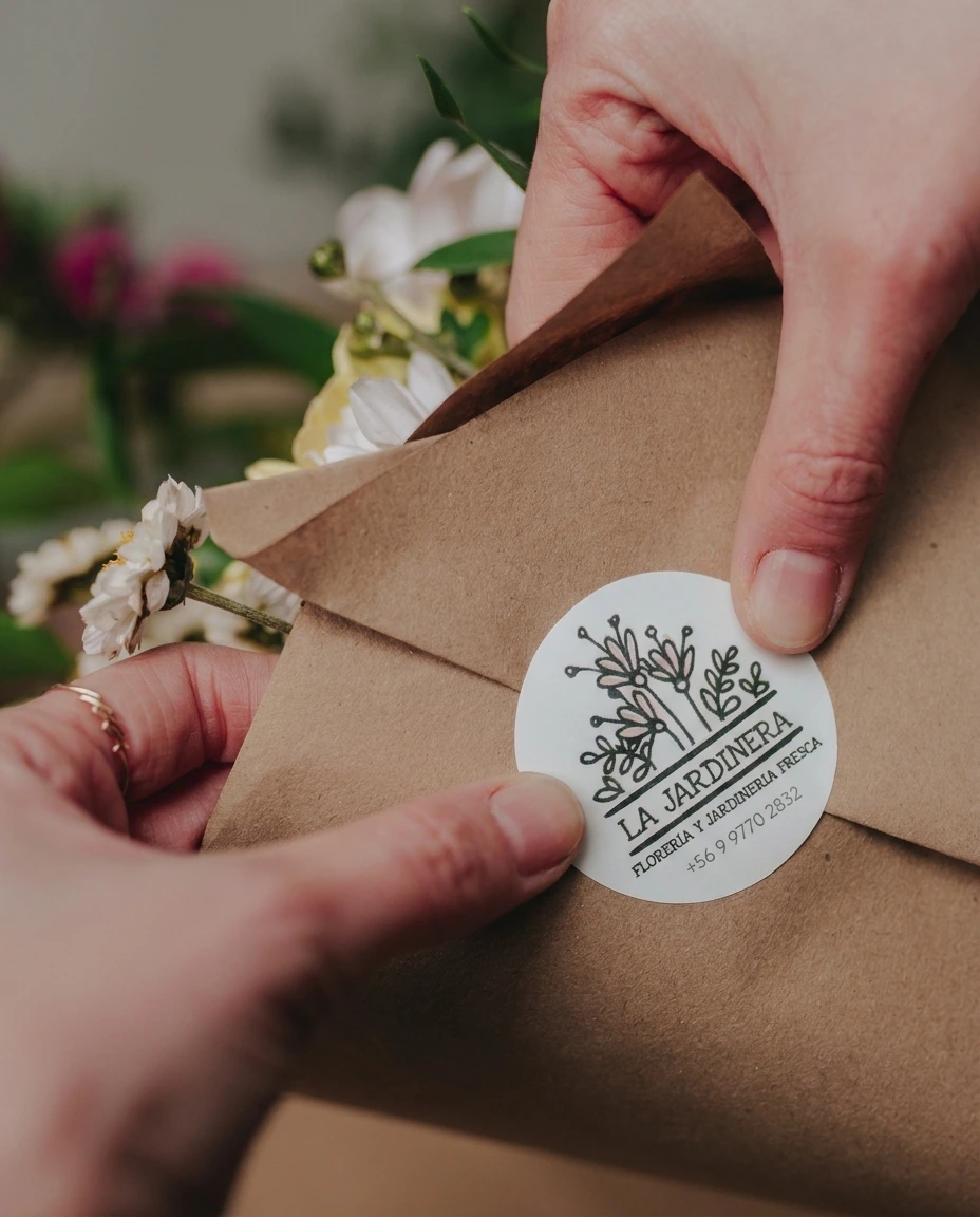 Florist artist hands delicately preparing freshly cut stems of peonies, garden roses, and eucalyptus with vintage floral shears on a rustic wooden studio worktable, wrapped in recyclable kraft paper.